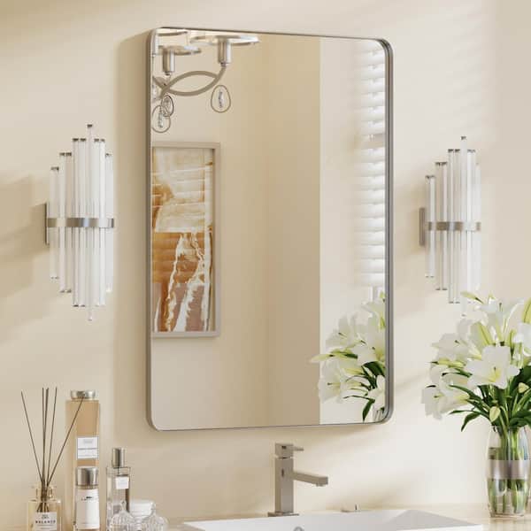 PRIMEPLUS 22 in. W x 30 in. H Medium Modern Rectangle Stainless Steel Wall Mirror Bathroom Mirror Vanity Mirror in Brushed Silver