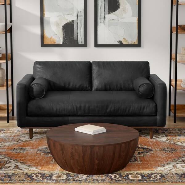 Simpli Home Morrison 72 in. Straight Arm Genuine Leather Wide