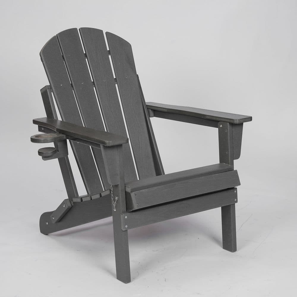 Gray HDPE Folding Outdoor Lounge Chair, All-Weather Adirondack Chair with Dual Cup Holder and Wood Texture price history on PriceWatchPro
