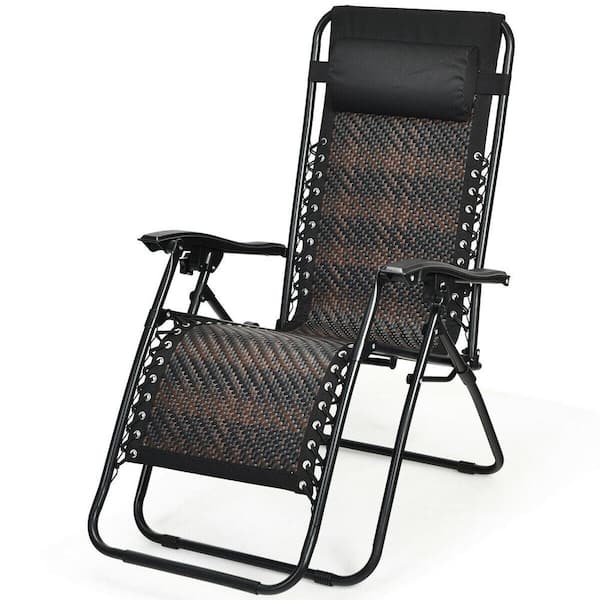 Costway Mix Brown Folding Recliner Rattan Zero Gravity Wicker Patio Lounge Chair with Headrest
