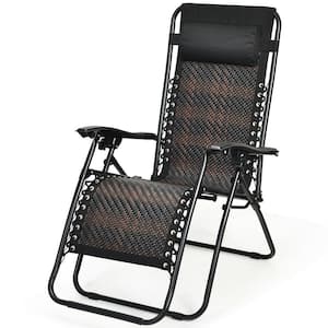 Black Folding Recliner Zero Gravity Wicker Outdoor Lounge Chair with Headrest in Mix Brown