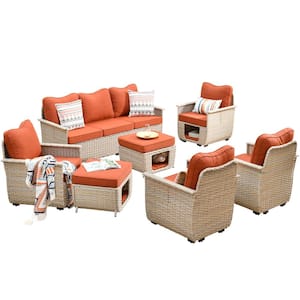 Sierra Beige 7-Piece Wicker Outdoor Patio Conversation Sofa Seating Set with Pet House/Bed and Orange Red Cushions