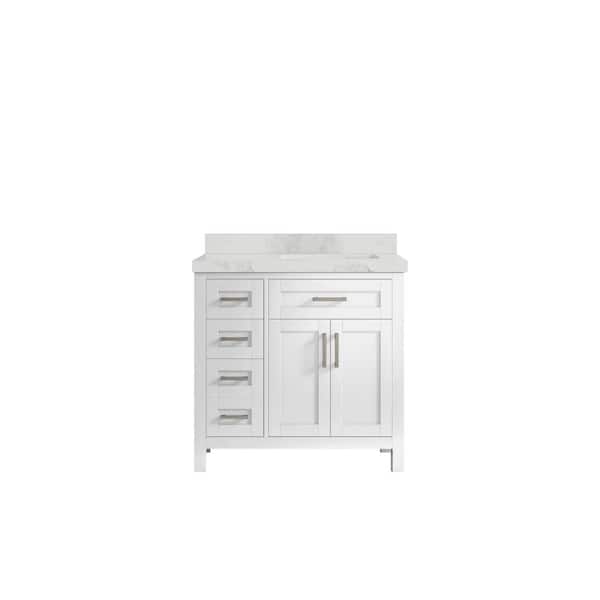 Willow Collections Cambridge 36 in. W x 22 in. D x 36 in. H Right Offset Sink Bath Vanity in White with 2 in. Calacatta Nuvo Quartz Top