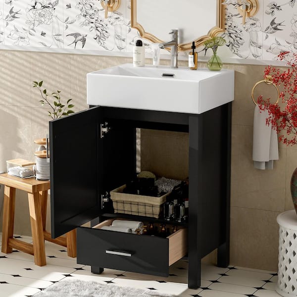 20.28 in. W Single Sink Freestanding Black Bath Vanity with White Ceramic Top and Soft-Close Door Unassembled