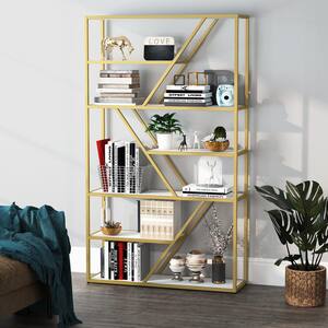 Earlimart 70.9 White Gold Wood 7-Tier Open Bookshelf, Etagere Bookcase Display Shelf Organizer with 7-Shelves Storage