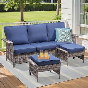 Nyajiah 3-Piece Wicker Outdoor Sofa Couch Set Patio Lounge Chair with Blue Cushions, Ottomans