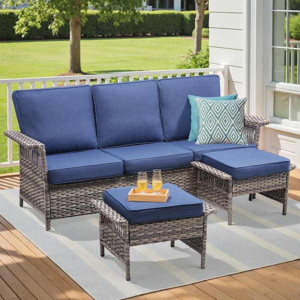Buenaola Nyajiah 3-Piece Wicker Outdoor Sofa Couch Set Patio Lounge Chair with Blue Cushions, Ottomans