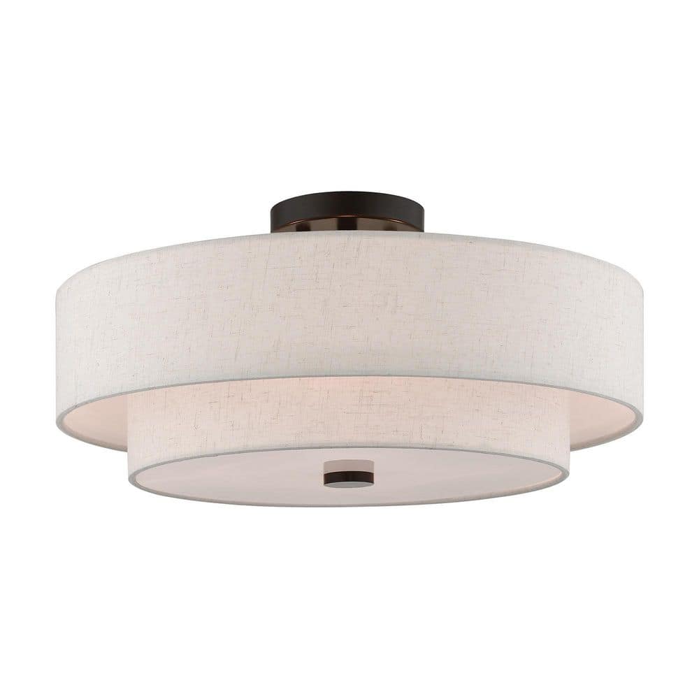 English Bronze 4-Light Indoor/Outdoor Drum Ceiling Fixture with Oatmeal Shade