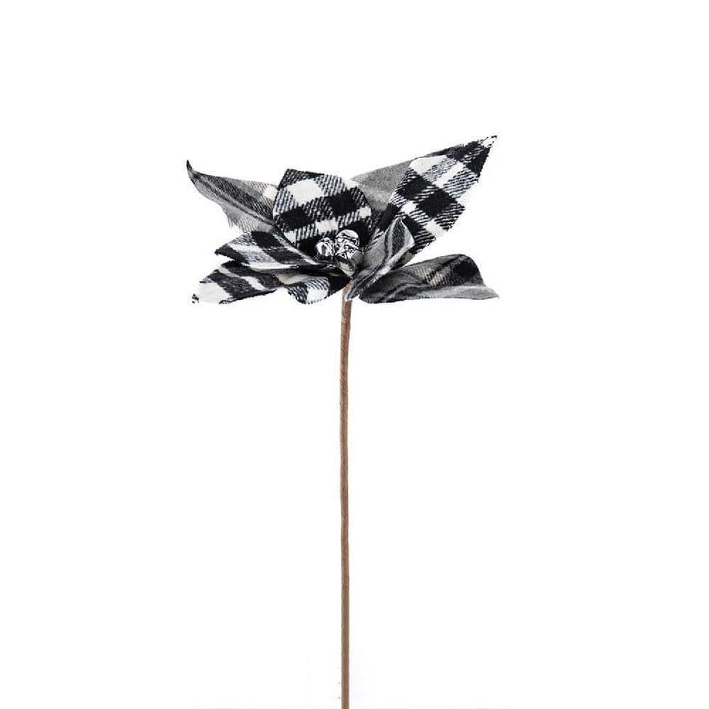 13" Black and White Plaid Poinsettia Stems Set of 12