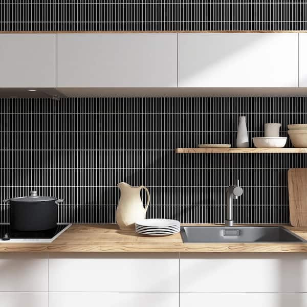 Porcetile Matte Black 11.2 in. x 11.91 in. Stacked Porcelain Mosaic Wall and Floor Tile (9.3 sq. ft./Case)