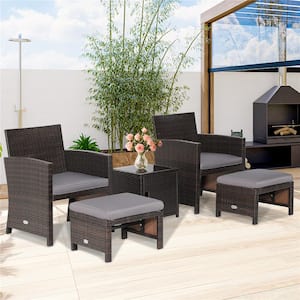 5-Piece Patio Rattan Furniture Set Chair Ottoman Cushion Space Saving with Cover Gray