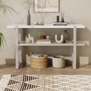 54 in. Gray Rectangle Marble MDF Entryway Console Table with Marble-Effect Top and Open Shelf for Hallway