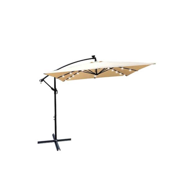 Tidoin 8 ft. Steel Cantilever Solar Tilt Patio Umbrella in Tan with LED Light and Cross Base