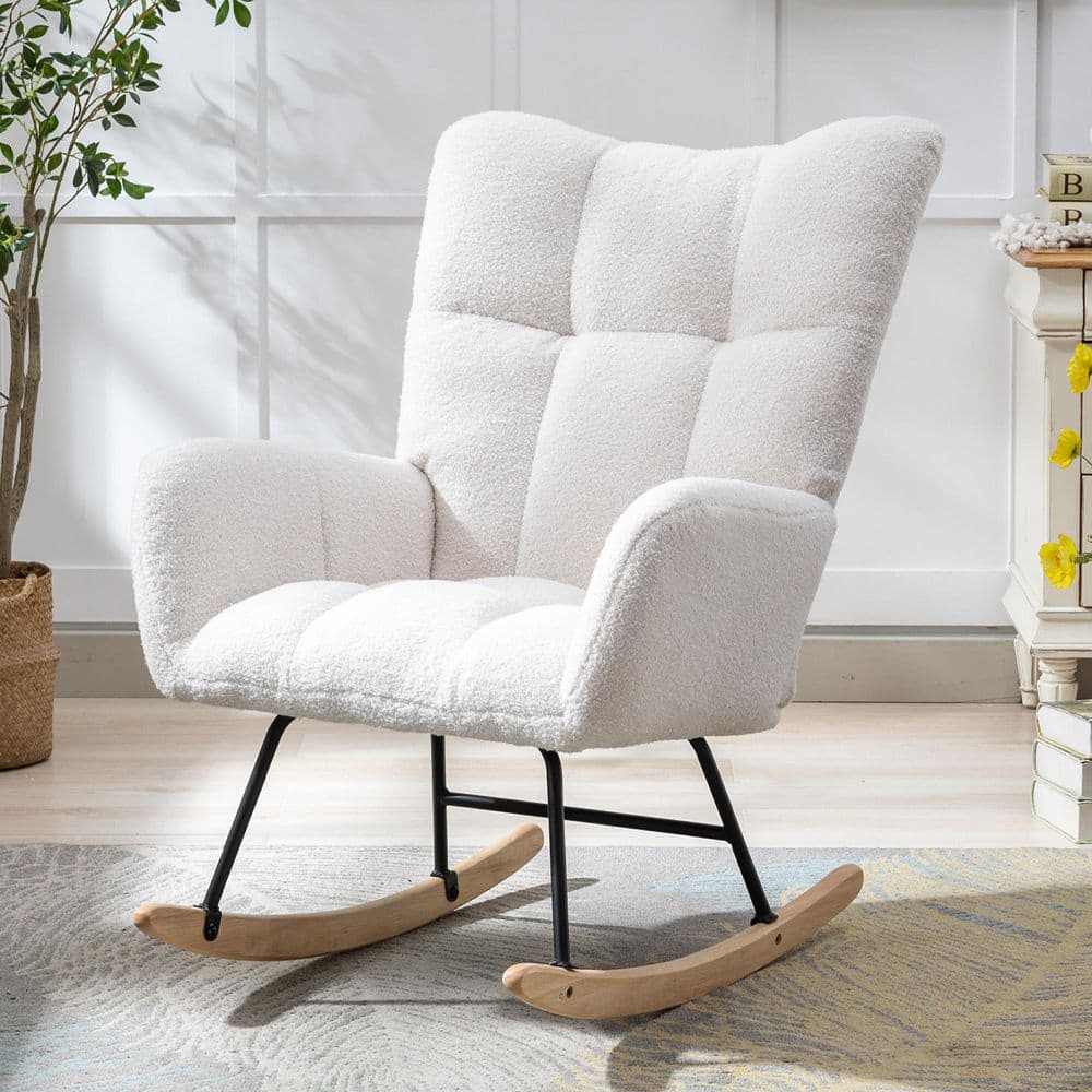 25.2 in. W White Teddy Fabric Wingback Rocking Chair with Side Pocket, Solid Wood Base for Nursery Living Room