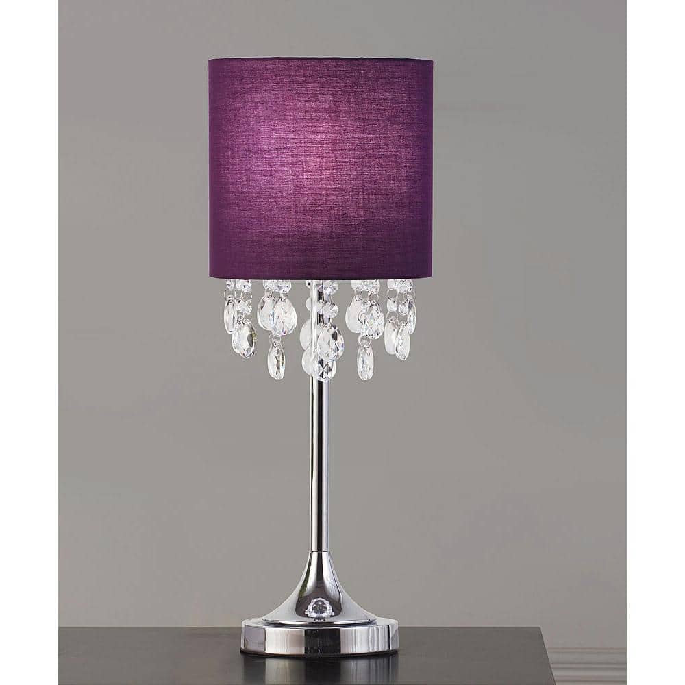 Florence 22" Purple Drum Shade Table Lamp with Chrome Base and Crystal Pendants