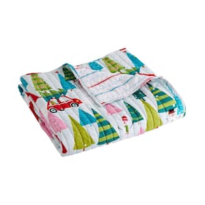 Holly Jolly Multi-Color Christmas Trees Reversing to Stripes Quilted Microfiber Throw Blanket