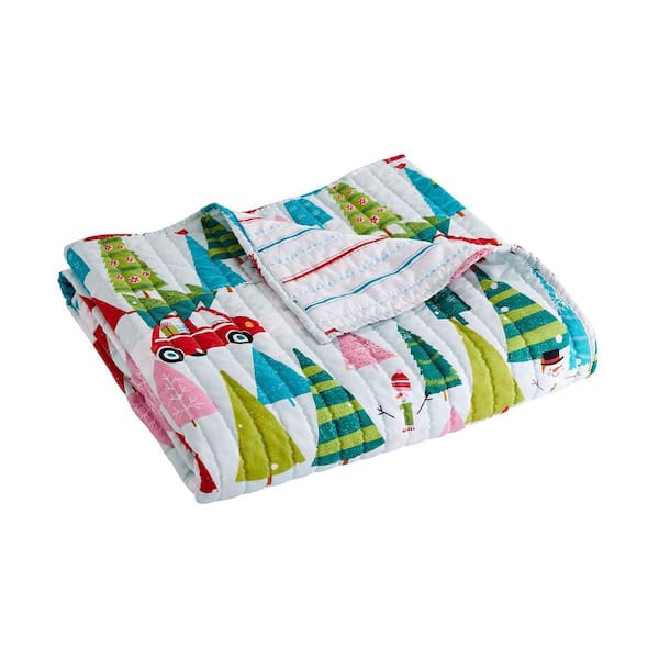 LEVTEX HOME Holly Jolly Multi-Color Christmas Trees Reversing to Stripes Quilted Microfiber Throw Blanket