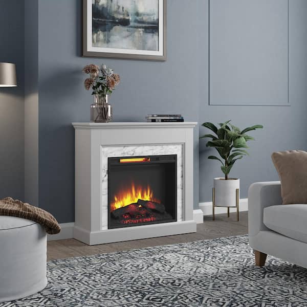 StyleWell Northglenn 36 in. Freestanding Faux Marble Surround Electric Fireplace in Light Gray