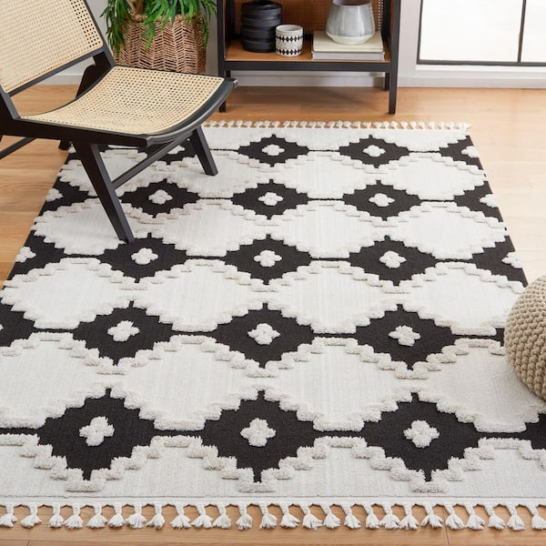 Marrakesh 9 ft. x 12 ft. Ivory/Anthracite Geometric Diamond High-Low Area Rug