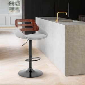 Karter 25-33 in. Adjustable Height High Back Grey Faux Leather and Walnut Wood Bar Stool with Black Base