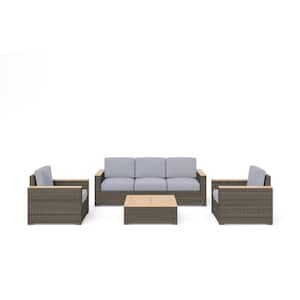 Boca Raton 4 Piece Gray Wicker Patio Conversation Set Sofa, 2 Lounge Chairs & Coffee Table with Gray Cushions