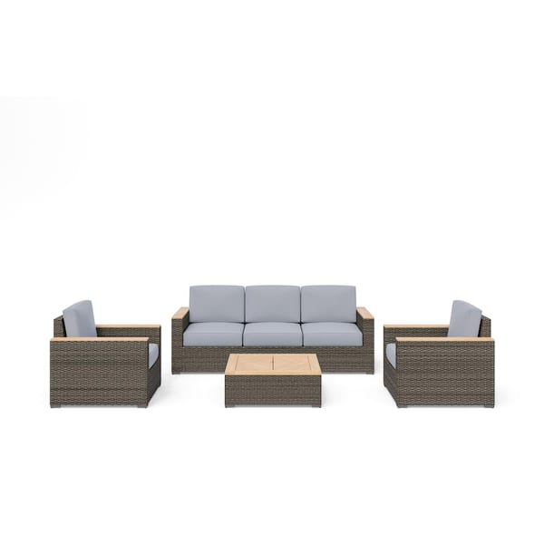 HOMESTYLES Boca Raton 4 Piece Gray Wicker Patio Conversation Set Sofa, 2 Lounge Chairs & Coffee Table with Gray Cushions