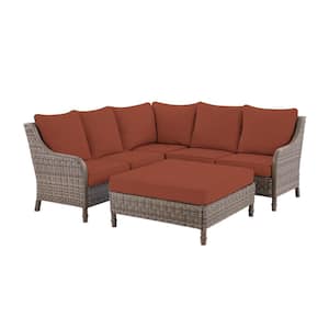 Windsor 4-Piece Brown Wicker Outdoor Patio Sectional Sofa with Ottoman and CushionGuard Quarry Red Cushions