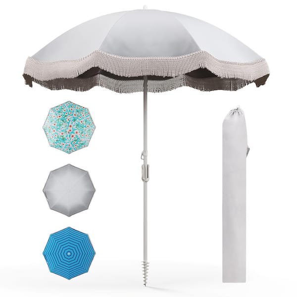 Gymax 7 ft. Metal Tilt Beach Umbrella in White with w/Push Button Tilt Sand Anchor