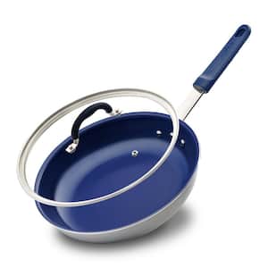10 in. Ceramic Non-stick Medium Frying Pan in Blue with Lid