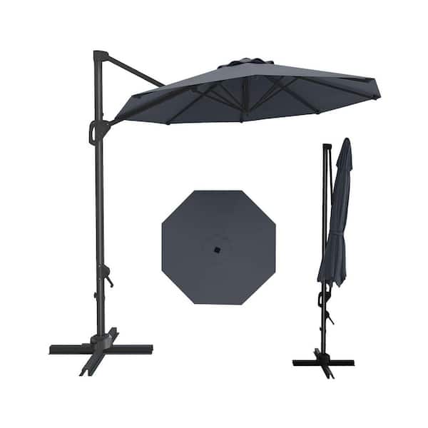 10 ft. Metal Pole Cantilever Offset Patio Umbrella with Crank & Cross Base in Gray