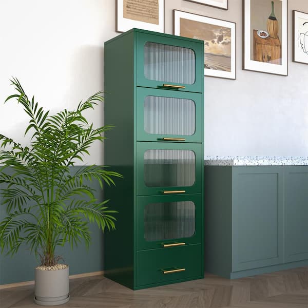 Zeus & Ruta 21.65 in. W x 15.75 in. D x 63 in. H Green Linen Cabinet with 4 Transparent Flip Doors and Drawer