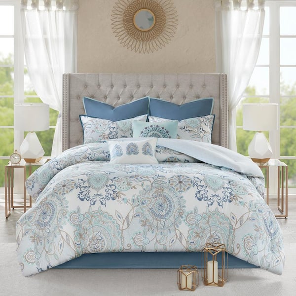 Madison Park Loleta 8-Piece Blue Cotton King Comforter Set