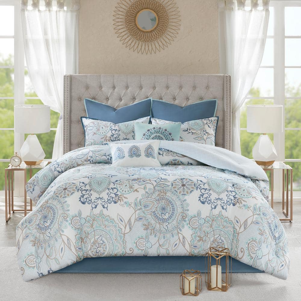 California King Blue Cotton Reversible Comforter Set