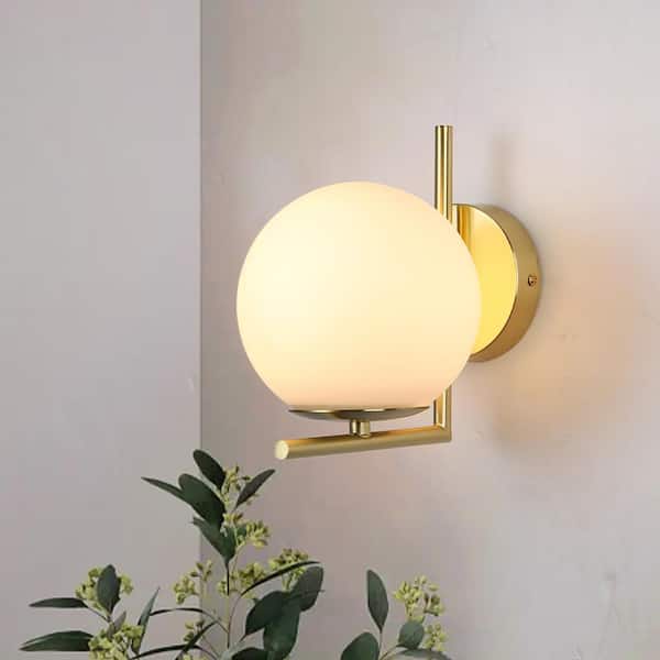 Industrial 7.42 in 1-Light Gold Wall Lamp with Globe Round Glass, L-Shaped Base Farmhouse Rustic Hardwired Wall Sconces