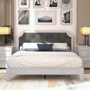 Annifer Dusty Gray Oak Upholstered Queen Platform Bed With Headboard