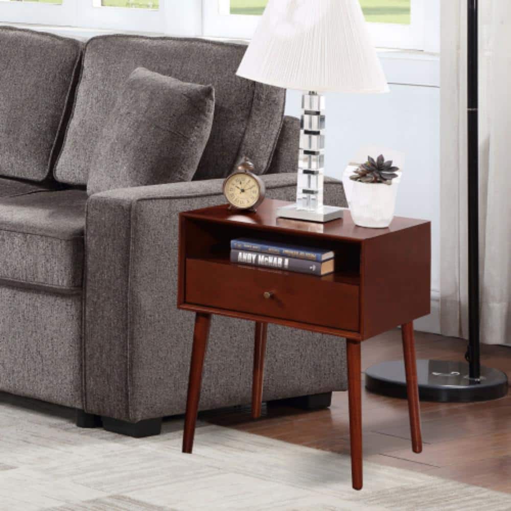 Dark Walnut 1 Drawer Wood Nightstand Small Bedside End Table with Open Storage Shelf, Solid Wood Legs, Storage