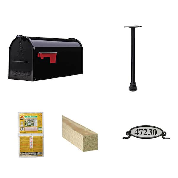 Elite Black Steel Mailbox, Bristol Aluminum Post, Post Mix, 4 in. x 4 in. x 8 ft. Timber and Address Plaque