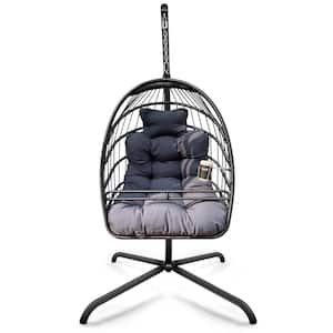 Black Wicker Outdoor Basket Hanging Lounge Chair with Gray Cushion, Pillow, Special Construction Cup Holder