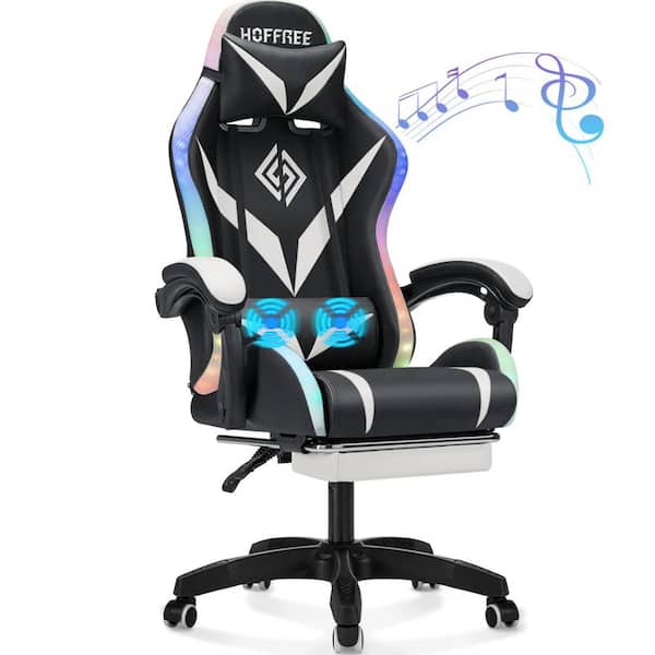 Faxu Leather Bluetooth Speakers Massage LED Reclining Ergonomic Gaming Chair in White with Footrest