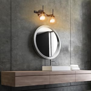 14.2 in. 2-Light Black Bathroom Vanity Light with Round Glass Shade