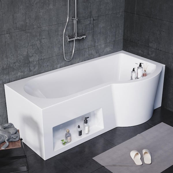 66 in. x 33 in. White Freestanding Acrylic Soaking Tub with Right Drain and Integrated Storage Cabinet in White