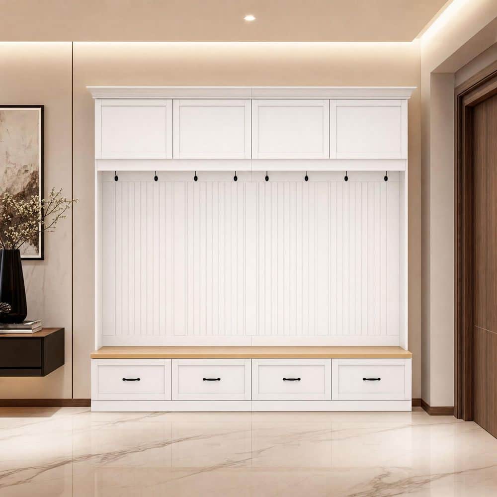 White Wood Hall Tree with Wide Storage Bench, 7 Coat Hooks, 4 Drawers and Top Cabinet Storage For Storage & Organization price history on PriceWatchPro