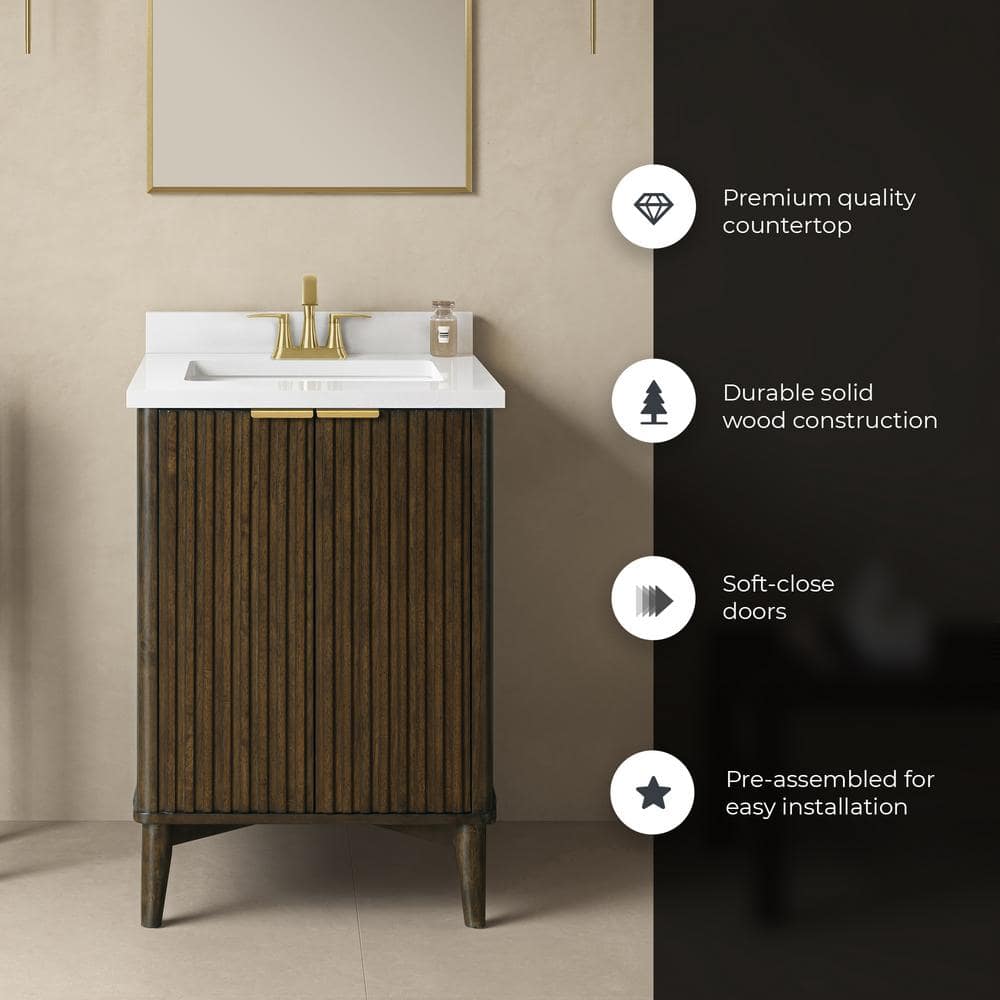 Gabi 24 in. Dark Walnut Single Sink Vanity with White Ceramic Top