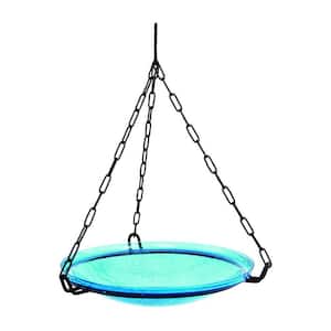 14 in. Dia Teal Blue Reflective Crackle Glass Hanging Birdbath Bowl