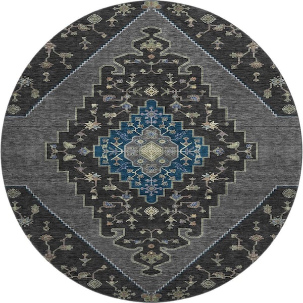 Mayfield Premium Machine Washable Abstract AMF2472 Black 8 ft. x 8 ft. Round Rug
