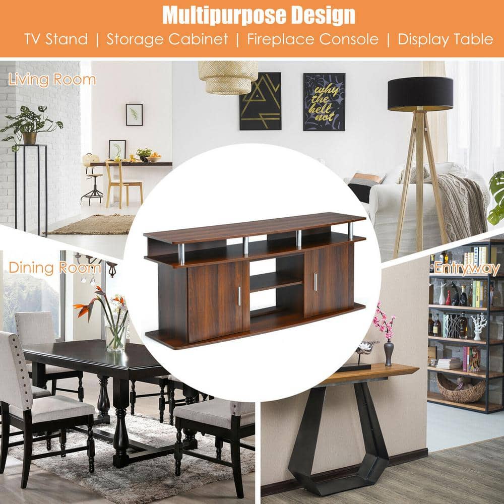 Walnut 63 Inch TV Stand with Cabinets and Fireplace Option