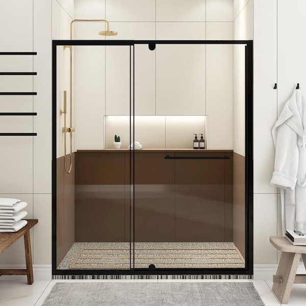 60 in. W x 72 in. H Pivot Framed Shower Door in Matte Black Finish with Clear Tempered Glass