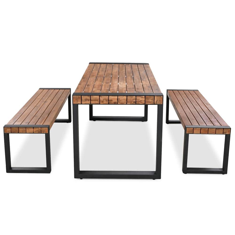 3-Piece Outdoor Dining Table with 2 Benches, Acacia Wood Top & Steel Frame Patio Set for Garden & Balcony, Natural price history on PriceWatchPro
