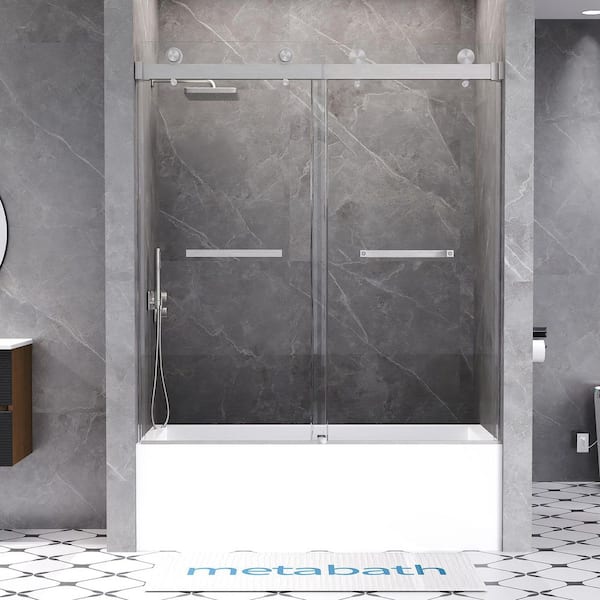Feelive 56 to 60 in. W x 66 in. H Double Sliding Frameless Tub Door in Brushed Nickel with 5/16 in. Tempered Clear Glass