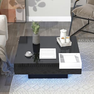 Modern 31.5 in. Black Square Wood Coffee Table with Detachable Tray and Plug-in 16-color LED Strip Lights Remote Control
